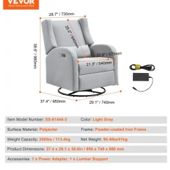 VEVOR Electronic Power Recliner and Swivel Glider, 250 lbs Weight Capacity Swivel Glider Recliner Chair with USB Port, Polyester Surface Swivel Rocker Recliner  for Living Room, Bedroom, Light Gray