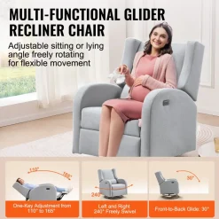 VEVOR Electronic Power Recliner and Swivel Glider, 250 lbs Weight Capacity Swivel Glider Recliner Chair with USB Port, Polyester Surface Swivel Rocker Recliner  for Living Room, Bedroom, Light Gray
