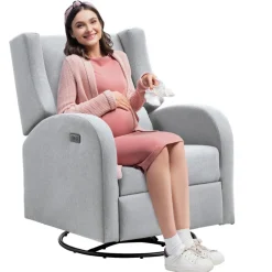 VEVOR Electronic Power Recliner and Swivel Glider, 250 lbs Weight Capacity Swivel Glider Recliner Chair with USB Port, Polyester Surface Swivel Rocker Recliner  for Living Room, Bedroom, Light Gray