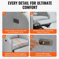 VEVOR Electronic Power Recliner and Swivel Glider, 250 lbs Weight Capacity Swivel Glider Recliner Chair with USB Port, Polyester Surface Swivel Rocker Recliner  for Living Room, Bedroom, Light Gray
