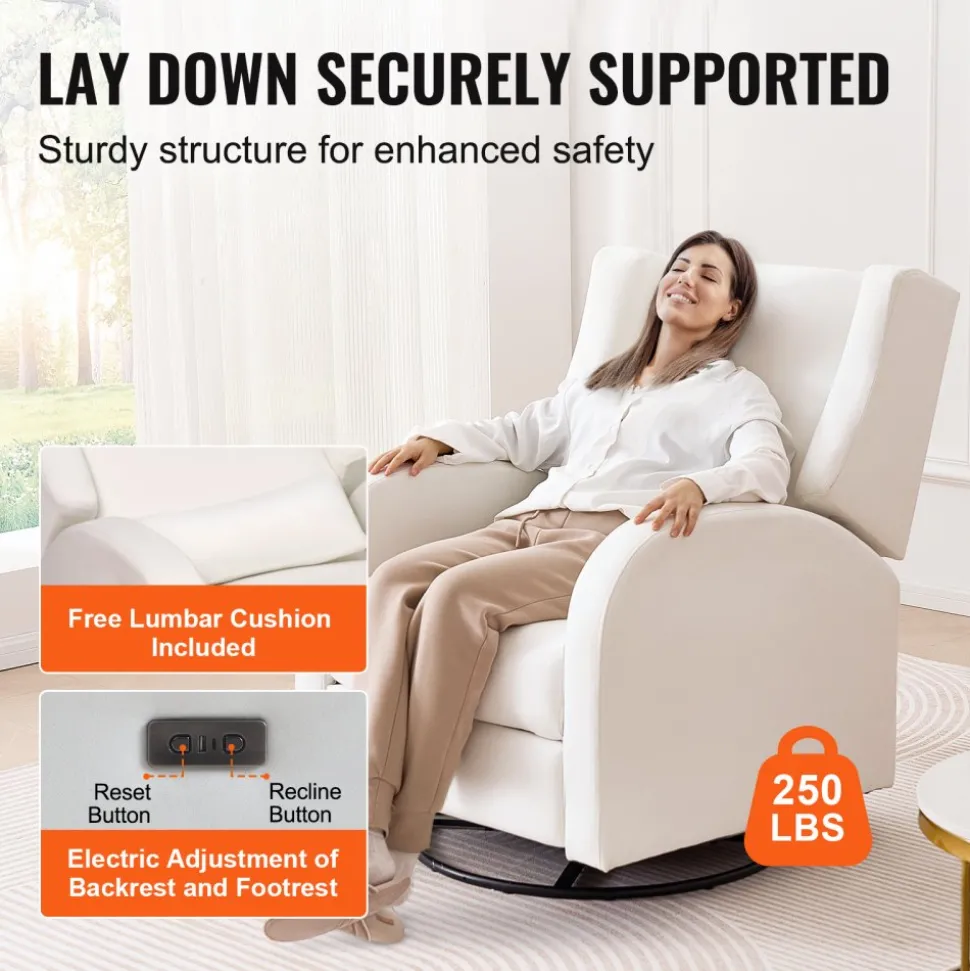 VEVOR Electronic Power Recliner and Swivel Glider, 250 lbs Weight Capacity Swivel Glider Recliner Chair with USB Port, Polyester Surface Swivel Rocker Recliner for Living Room, Bedroom, Off White