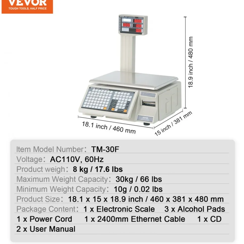 VEVOR Electronic Price Computing Scale, 66 LB Digital Deli Weight Scales, LCD & LED Digital Commercial Food Fruit Meat Produce Counting Weight, for Retail Store, Kitchen, Restaurant Market, and Farmer