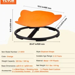VEVOR Elephant Kids Swivel Chair, 220 LBS Capacity, 360° Spinning Chair, Autistic Kids Sensory Toy Chair with Non-Slip Metal Base, Toddler Sit and Spin Chair for Coordination Balance Focus Orange