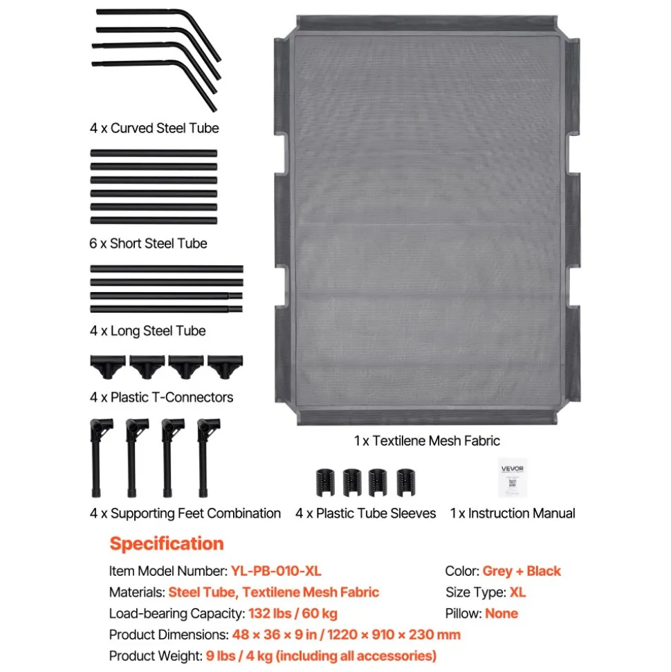 VEVOR Elevated Dog Bed for Large Dogs, Portable Raised Dog Cot with Aluminum Tube Metal Frame and Breathable Textilene Mesh, Indoor & Outdoor Pet Cooling Raised Hammock Bed, XL, Gray