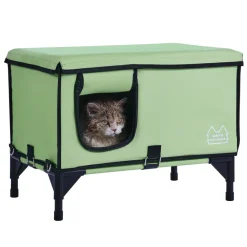 VEVOR Elevated Heated Cat House, Cuboid Kitty Shelter with Adjustable Temperature and Timer, 900D Oxford Cloth Foldable Cat Shelter with Heated Pad  for Winter to Stay Warm and Cozy, Green (Middle)