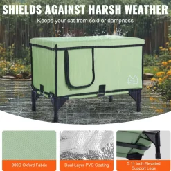 VEVOR Elevated Heated Cat House, Cuboid Kitty Shelter with Adjustable Temperature and Timer, 900D Oxford Cloth Foldable Cat Shelter with Heated Pad  for Winter to Stay Warm and Cozy, Green (Middle)