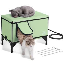 VEVOR Elevated Heated Cat House, Cuboid Kitty Shelter with Adjustable Temperature and Timer, 900D Oxford Cloth Foldable Cat Shelter with Heated Pad  for Winter to Stay Warm and Cozy, Green (Middle)