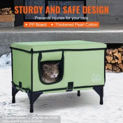 VEVOR Elevated Heated Cat House, Cuboid Kitty Shelter with Adjustable Temperature and Timer, 900D Oxford Cloth Foldable Cat Shelter with Heated Pad  for Winter to Stay Warm and Cozy, Green (Middle)