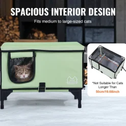 VEVOR Elevated Heated Cat House, Cuboid Kitty Shelter with Adjustable Temperature and Timer, 900D Oxford Cloth Foldable Cat Shelter with Heated Pad  for Winter to Stay Warm and Cozy, Green (Middle)