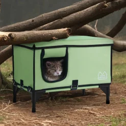 VEVOR Elevated Heated Cat House, Cuboid Kitty Shelter with Adjustable Temperature and Timer, 900D Oxford Cloth Foldable Cat Shelter with Heated Pad  for Winter to Stay Warm and Cozy, Green (Middle)