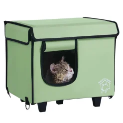VEVOR Elevated Heated Cat House, Cuboid Kitty Shelter with Adjustable Temperature and Timer, 900D Oxford Cloth Foldable Cat Shelter with Heated Pad  for Winter to Stay Warm and Cozy, Green (Small)
