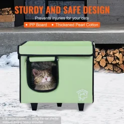 VEVOR Elevated Heated Cat House, Cuboid Kitty Shelter with Adjustable Temperature and Timer, 900D Oxford Cloth Foldable Cat Shelter with Heated Pad  for Winter to Stay Warm and Cozy, Green (Small)
