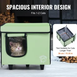 VEVOR Elevated Heated Cat House, Cuboid Kitty Shelter with Adjustable Temperature and Timer, 900D Oxford Cloth Foldable Cat Shelter with Heated Pad  for Winter to Stay Warm and Cozy, Green (Small)