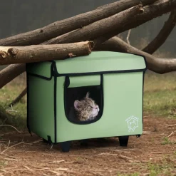VEVOR Elevated Heated Cat House, Cuboid Kitty Shelter with Adjustable Temperature and Timer, 900D Oxford Cloth Foldable Cat Shelter with Heated Pad  for Winter to Stay Warm and Cozy, Green (Small)