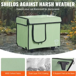 VEVOR Elevated Heated Cat House, Cuboid Kitty Shelter with Adjustable Temperature and Timer, 900D Oxford Cloth Foldable Cat Shelter with Heated Pad  for Winter to Stay Warm and Cozy, Green (Small)