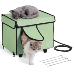 VEVOR Elevated Heated Cat House, Cuboid Kitty Shelter with Adjustable Temperature and Timer, 900D Oxford Cloth Foldable Cat Shelter with Heated Pad  for Winter to Stay Warm and Cozy, Green (Small)