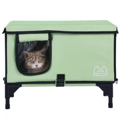 VEVOR Elevated Heated Cat House, Cuboid Kitty Shelter with Adjustable Temperature and Timer, 900D Oxford Cloth Foldable Cat Shelter with Heated Pad for Winter to Stay Warm and Cozy, Green (Large)