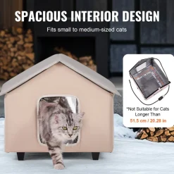 VEVOR Elevated Heated Cat House, Outdoor Kitty Shelter with Timer, 600D Oxford Cloth Foldable Cat Shelter with Heated Pad for Winter to Stay Warm and Cozy, Brown (Middle)