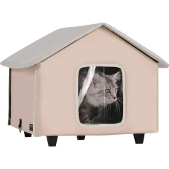 VEVOR Elevated Heated Cat House, Outdoor Kitty Shelter with Timer, 600D Oxford Cloth Foldable Cat Shelter with Heated Pad for Winter to Stay Warm and Cozy, Brown (Middle)