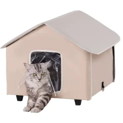 VEVOR Elevated Heated Cat House, Outdoor Kitty Shelter with Timer, 600D Oxford Cloth Foldable Cat Shelter with Heated Pad for Winter to Stay Warm and Cozy, Brown (Middle)