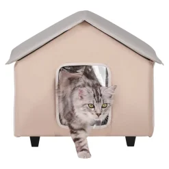 VEVOR Elevated Heated Cat House, Outdoor Kitty Shelter with Timer, 600D Oxford Cloth Foldable Cat Shelter with Heated Pad for Winter to Stay Warm and Cozy, Brown (Middle)