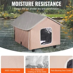 VEVOR Elevated Heated Cat House, Outdoor Kitty Shelter with Timer, 600D Oxford Cloth Foldable Cat Shelter with Heated Pad for Winter to Stay Warm and Cozy, Brown (Middle)