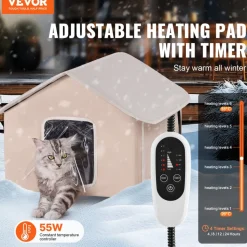 VEVOR Elevated Heated Cat House, Outdoor Kitty Shelter with Timer, 600D Oxford Cloth Foldable Cat Shelter with Heated Pad for Winter to Stay Warm and Cozy, Brown (Middle)