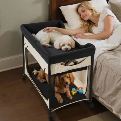 VEVOR Elevated Lounge Pet Bed, Foldable Bunk Dog Bed with 600D Oxford Cloth and Dutch Velvet, Portable Raised Cot with Wheels, Side Storage Bags, and Carry Bag for Cats & Dogs, L, Beige