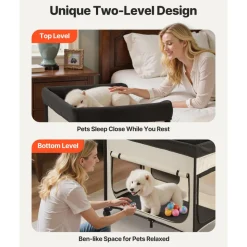 VEVOR Elevated Lounge Pet Bed, Foldable Bunk Dog Bed with 600D Oxford Cloth and Dutch Velvet, Portable Raised Cot with Wheels, Side Storage Bags, and Carry Bag for Cats & Dogs, L, Beige