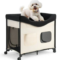 VEVOR Elevated Lounge Pet Bed, Foldable Bunk Dog Bed with 600D Oxford Cloth and Dutch Velvet, Portable Raised Cot with Wheels, Side Storage Bags, and Carry Bag for Cats & Dogs, L, Beige