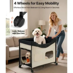 VEVOR Elevated Lounge Pet Bed, Foldable Bunk Dog Bed with 600D Oxford Cloth and Dutch Velvet, Portable Raised Cot with Wheels, Side Storage Bags, and Carry Bag for Cats & Dogs, XL, Beige
