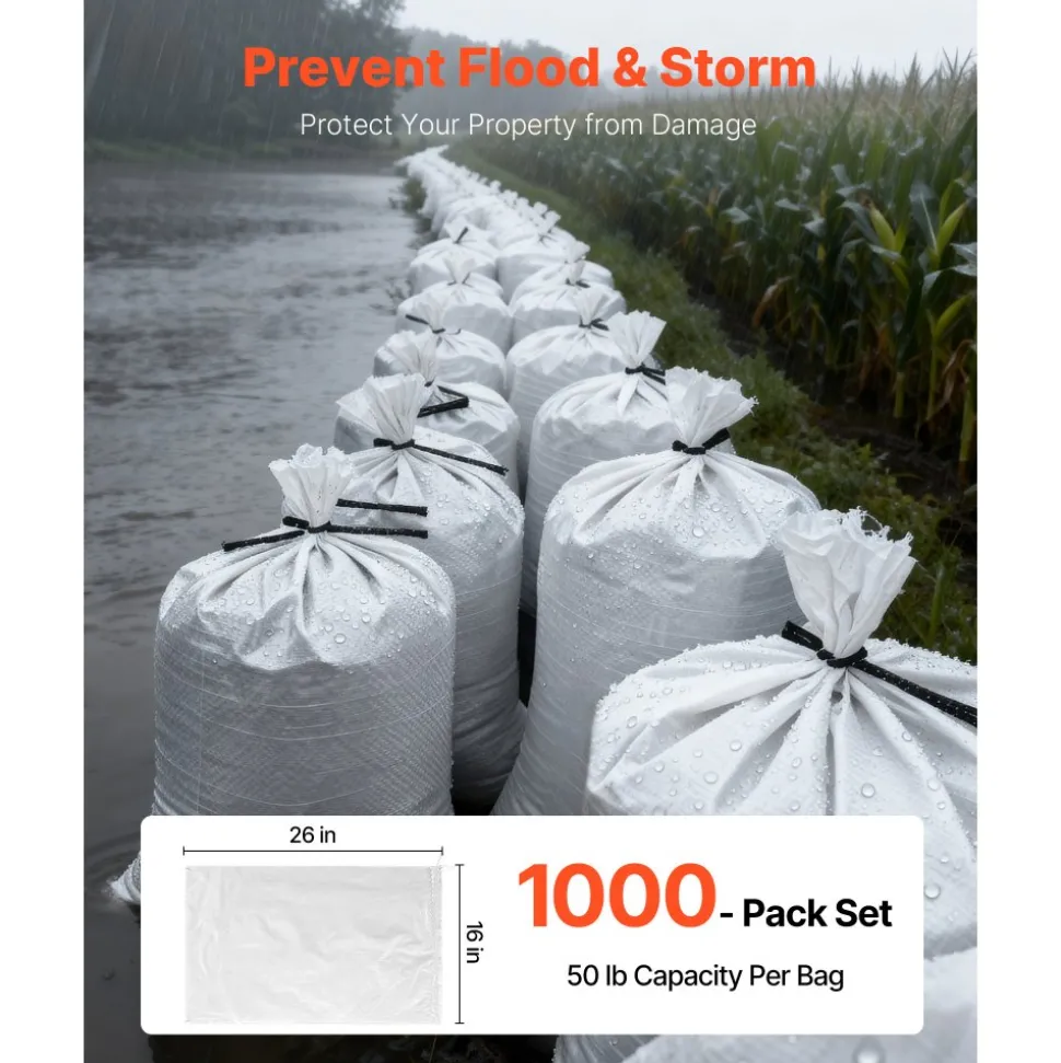 VEVOR Empty Sandbags, 1000 Packs 16 x 26 in, Heavy Duty Sand Bags Sacks with Ties, 50lb Capacity Woven Polypropylene Sandbags, Tear-Resistant & UV-Resistant Sand Bags for Flood Protection Barrier