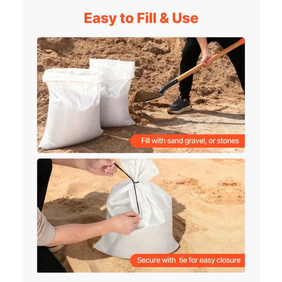 VEVOR Empty Sandbags, 100 Packs 16 x 26 in, Heavy Duty Sand Bags Sacks with Ties, 50lb Capacity Woven Polypropylene Sandbags, Tear-Resistant & UV-Resistant Sand Bags for Flood Protection Barrier