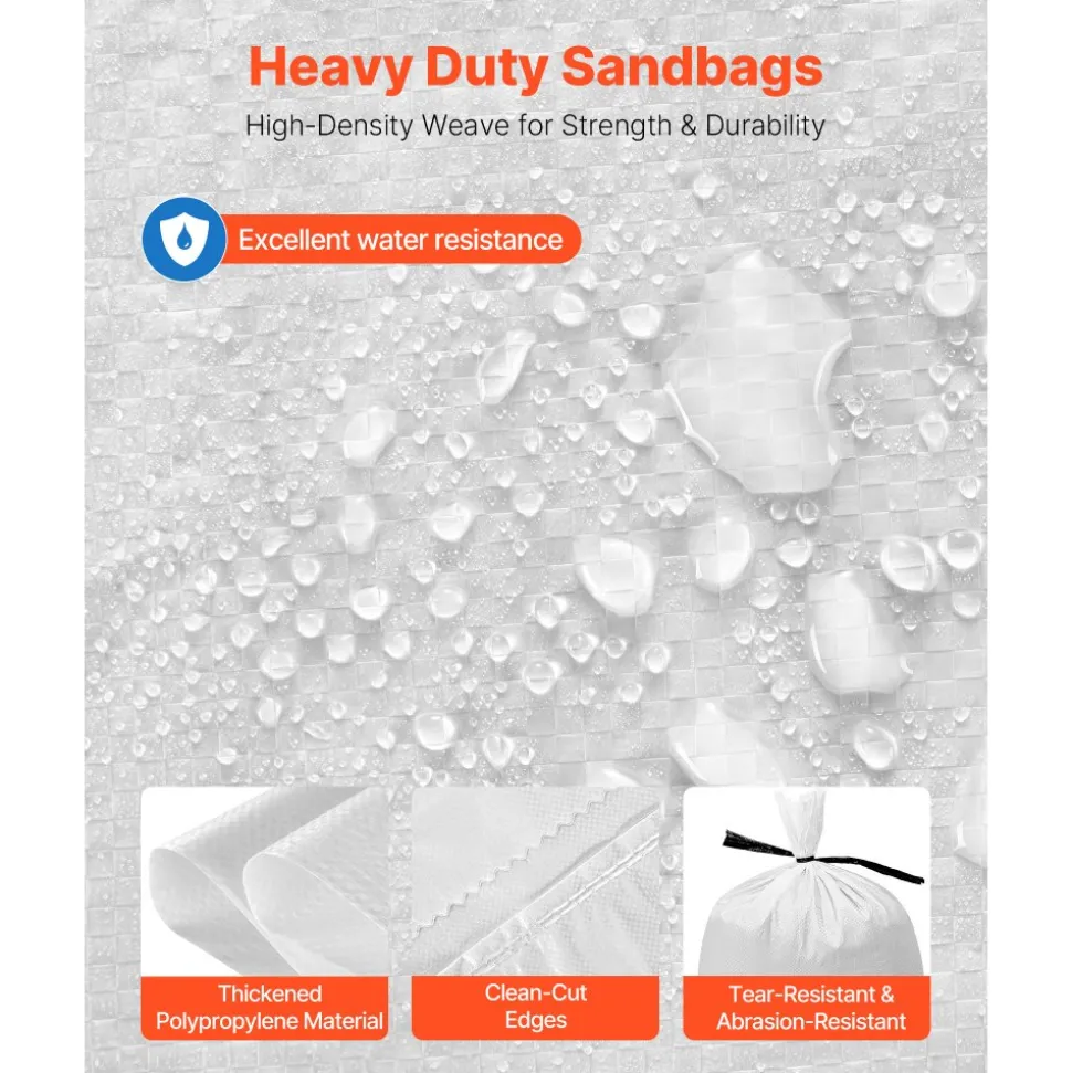 VEVOR Empty Sandbags, 100 Packs 16 x 26 in, Heavy Duty Sand Bags Sacks with Ties, 50lb Capacity Woven Polypropylene Sandbags, Tear-Resistant & UV-Resistant Sand Bags for Flood Protection Barrier