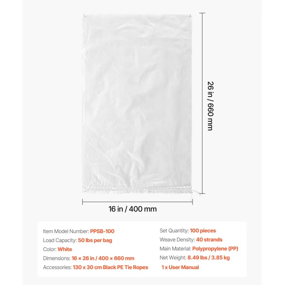 VEVOR Empty Sandbags, 100 Packs 16 x 26 in, Heavy Duty Sand Bags Sacks with Ties, 50lb Capacity Woven Polypropylene Sandbags, Tear-Resistant & UV-Resistant Sand Bags for Flood Protection Barrier