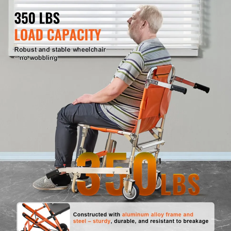 VEVOR EMS Stair Chair, 350 lbs Load Capacity, Foldable Aluminum Emergency Stair Climbing Wheelchair with 2 Wheels, Portable Stair Lift Chair Ambulance Firefighter Evacuation Use for Elderly, Disabled