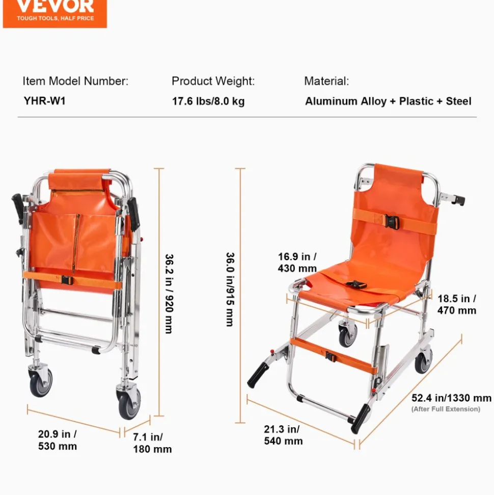 VEVOR EMS Stair Chair, 350 lbs Load Capacity, Foldable Aluminum Emergency Stair Climbing Wheelchair with 2 Wheels, Portable Stair Lift Chair Ambulance Firefighter Evacuation Use for Elderly, Disabled