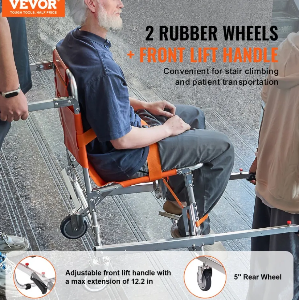 VEVOR EMS Stair Chair, 350 lbs Load Capacity, Foldable Aluminum Emergency Stair Climbing Wheelchair with 2 Wheels, Portable Stair Lift Chair Ambulance Firefighter Evacuation Use for Elderly, Disabled