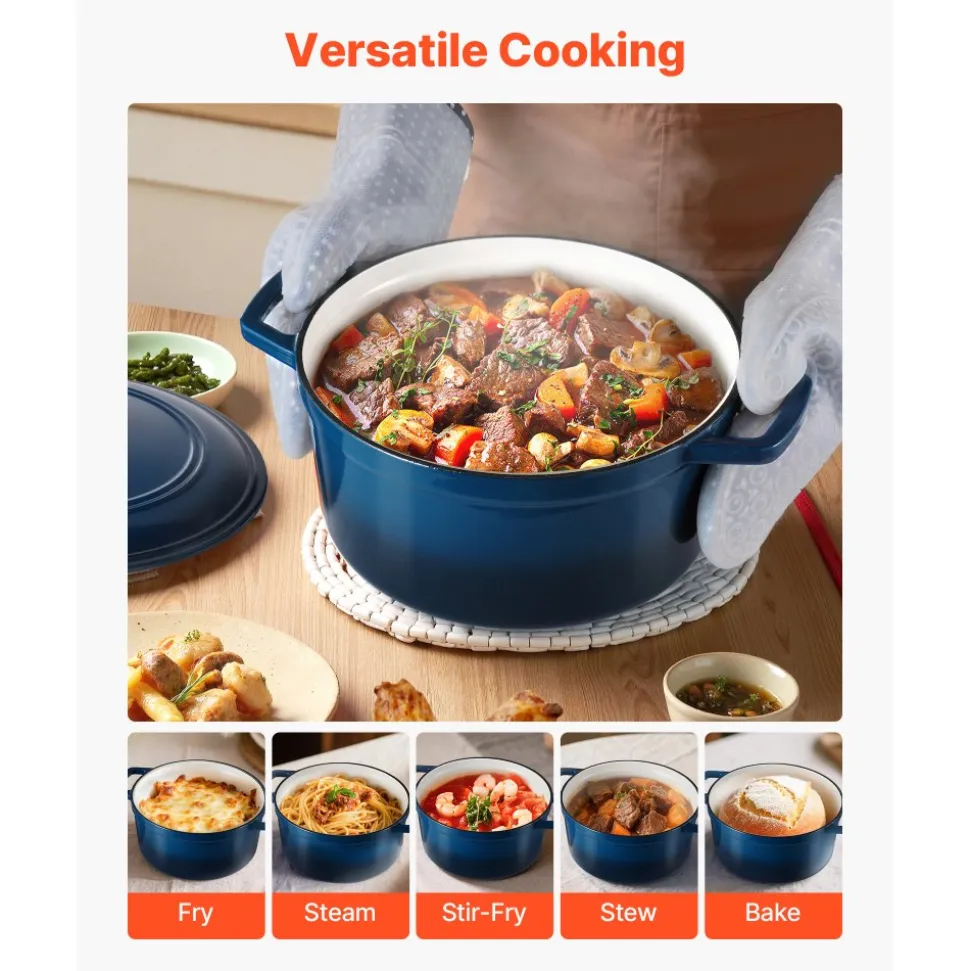 VEVOR Enameled Cast Iron Dutch Oven, 6 Quart Pot with Lid and Dual Handles, Heavy-Duty Durable Cookware Pan, Oven Induction Compatible up to 500℉, for Braising, Stews, Roasting, Bread Baking, Blue