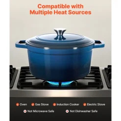 VEVOR Enameled Cast Iron Dutch Oven, 6 Quart Pot with Lid and Dual Handles, Heavy-Duty Durable Cookware Pan, Oven Induction Compatible up to 500℉, for Braising, Stews, Roasting, Bread Baking, Blue
