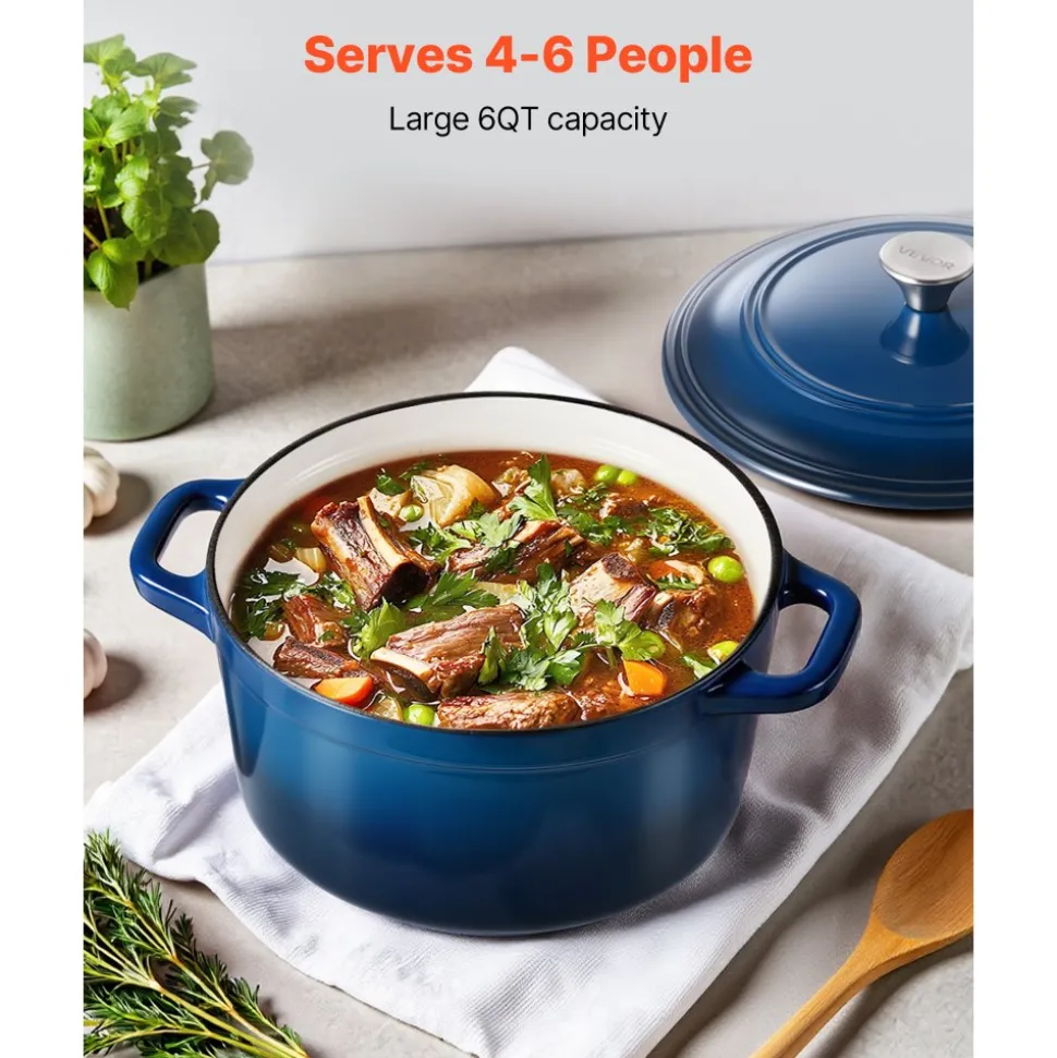 VEVOR Enameled Cast Iron Dutch Oven, 6 Quart Pot with Lid and Dual Handles, Heavy-Duty Durable Cookware Pan, Oven Induction Compatible up to 500℉, for Braising, Stews, Roasting, Bread Baking, Blue