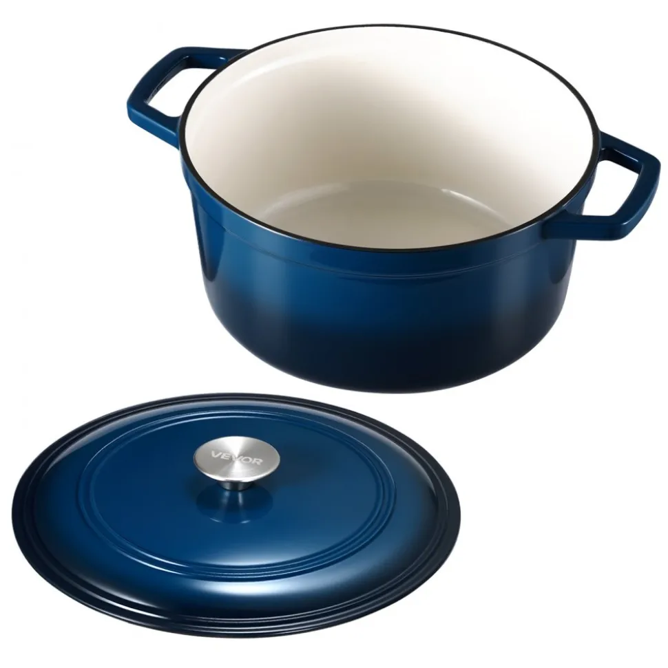 VEVOR Enameled Cast Iron Dutch Oven, 6 Quart Pot with Lid and Dual Handles, Heavy-Duty Durable Cookware Pan, Oven Induction Compatible up to 500℉, for Braising, Stews, Roasting, Bread Baking, Blue