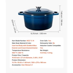 VEVOR Enameled Cast Iron Dutch Oven, 6 Quart Pot with Lid and Dual Handles, Heavy-Duty Durable Cookware Pan, Oven Induction Compatible up to 500℉, for Braising, Stews, Roasting, Bread Baking, Blue
