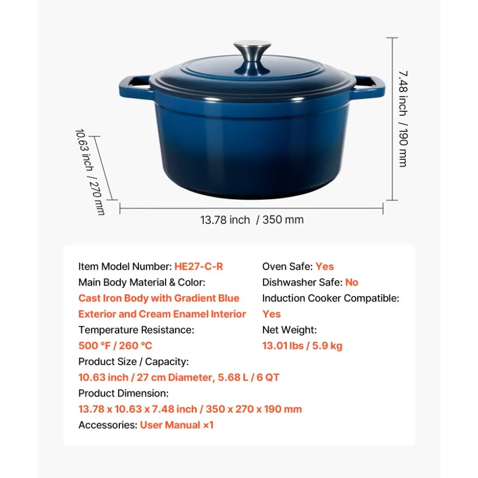 VEVOR Enameled Cast Iron Dutch Oven, 6 Quart Pot with Lid and Dual Handles, Heavy-Duty Durable Cookware Pan, Oven Induction Compatible up to 500℉, for Braising, Stews, Roasting, Bread Baking, Blue
