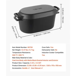 VEVOR Enameled Cast Iron Dutch Oven, 3.5 Quart Pot with Lid and Dual Handles, Heavy-Duty Durable Cookware Pan, Oven Induction Compatible up to 500℉, for Braising, Stews, Roasting, Bread Baking, Black