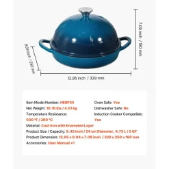 VEVOR Enameled Cast Iron Dutch Oven, 5 Quart Pot for Sourdough Bread Baking, Heavy-Duty Cookware Pan with Lid and Dual Handles, Oven Induction Compatible up to 500℉, for Cooking Roasting