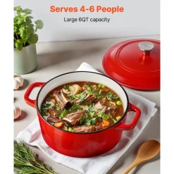 VEVOR Enameled Cast Iron Dutch Oven, 6 Quart Pot with Lid and Dual Handles, Heavy-Duty Durable Cookware Pan, Oven Induction Compatible up to 500℉, for Braising, Stews, Roasting, Bread Baking, Red