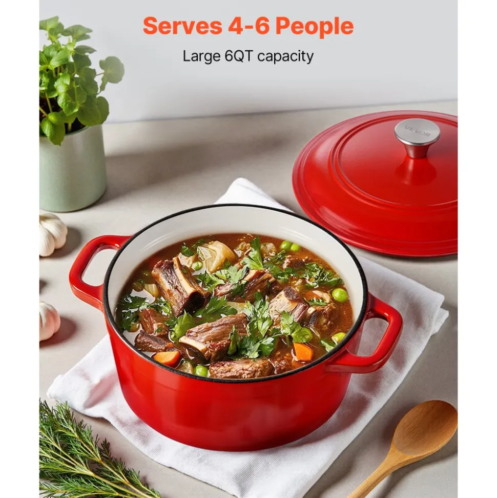 VEVOR Enameled Cast Iron Dutch Oven, 6 Quart Pot with Lid and Dual Handles, Heavy-Duty Durable Cookware Pan, Oven Induction Compatible up to 500℉, for Braising, Stews, Roasting, Bread Baking, Red
