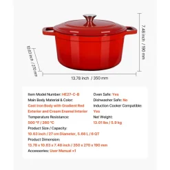 VEVOR Enameled Cast Iron Dutch Oven, 6 Quart Pot with Lid and Dual Handles, Heavy-Duty Durable Cookware Pan, Oven Induction Compatible up to 500℉, for Braising, Stews, Roasting, Bread Baking, Red