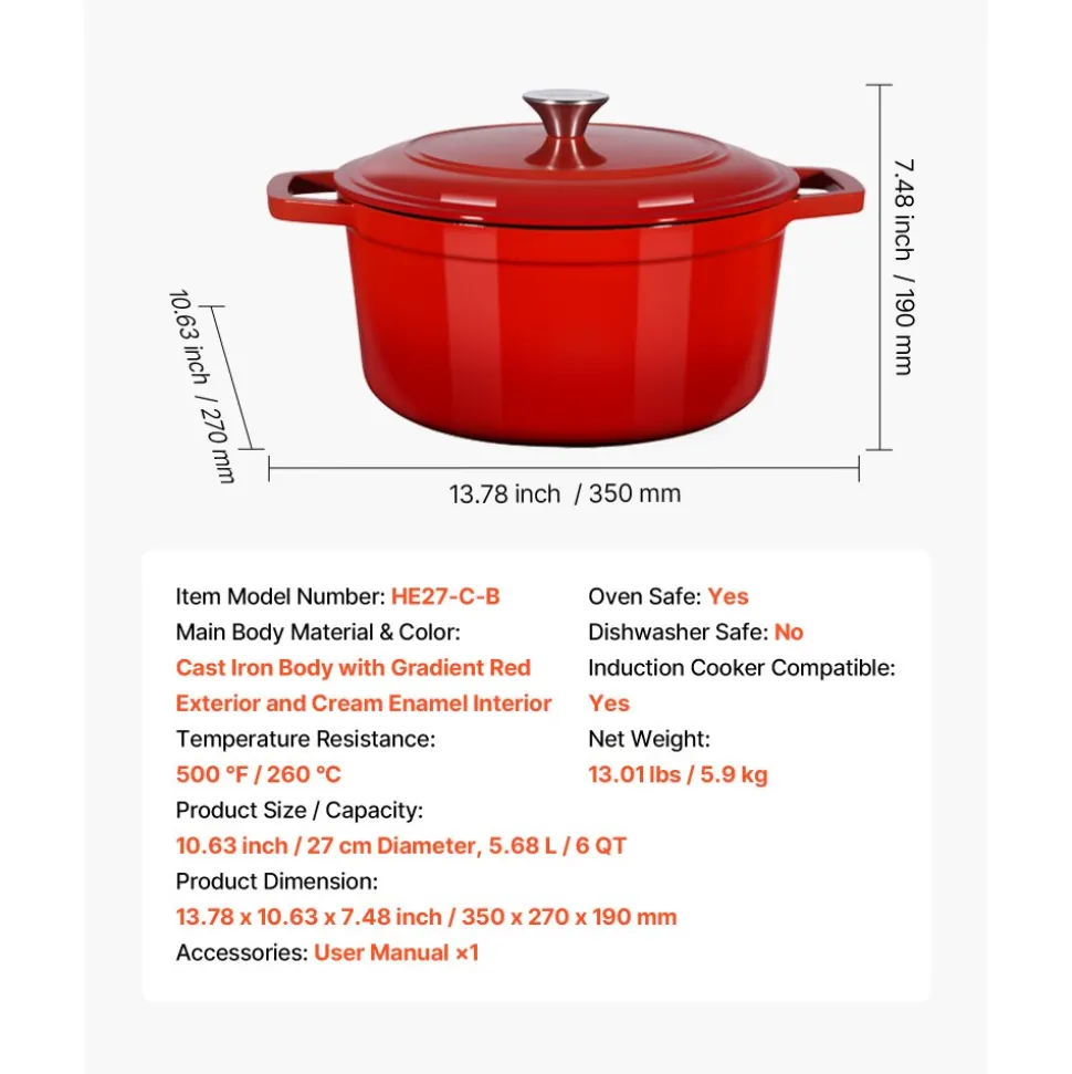 VEVOR Enameled Cast Iron Dutch Oven, 6 Quart Pot with Lid and Dual Handles, Heavy-Duty Durable Cookware Pan, Oven Induction Compatible up to 500℉, for Braising, Stews, Roasting, Bread Baking, Red